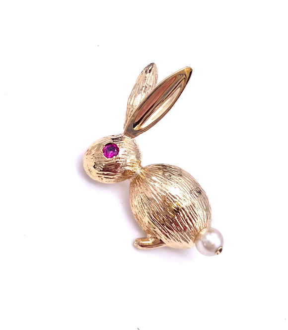 Estate Modernist Bunny Rabbit Pin Ruby and Pearl