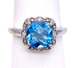 Cushion Cut Blue Topaz Ring in Ornate Mounting C096R0021