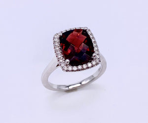 Large Checkerboard Cut Garnet Ring With Diamonds C038LC30038